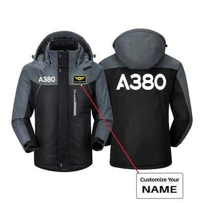Airbus A380 Flat Text aviation design printed on heavyweight insulated shell thick winter jacket.