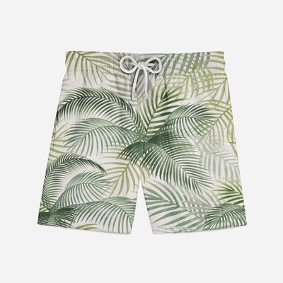 Palm Leaf aviation print swim trunks, quick-dry polyester.