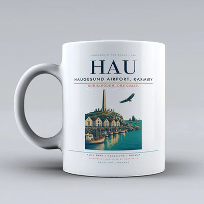 Haugesund Airport, Karmøy (HAU) airport code design on white ceramic mug