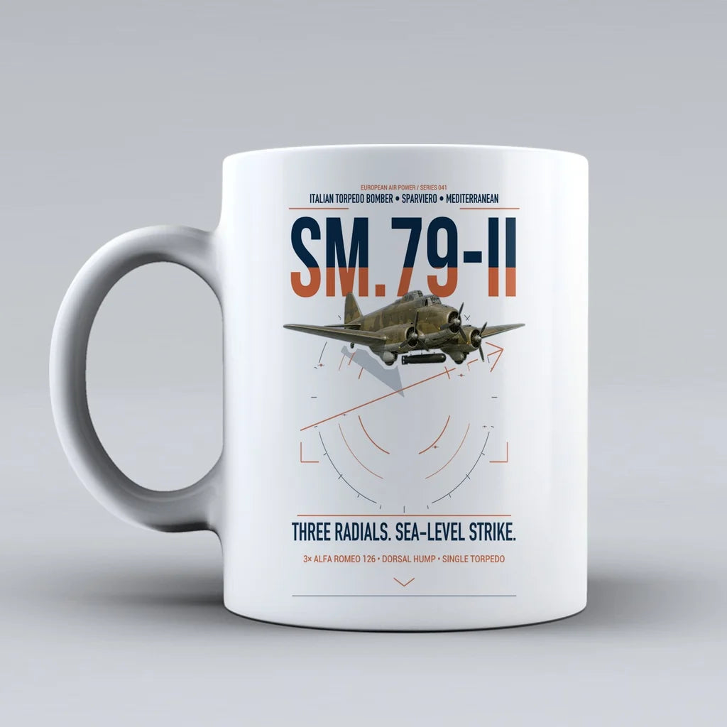 Savoia-Marchetti SM.79-II Sparviero design on white ceramic mug, double-side print