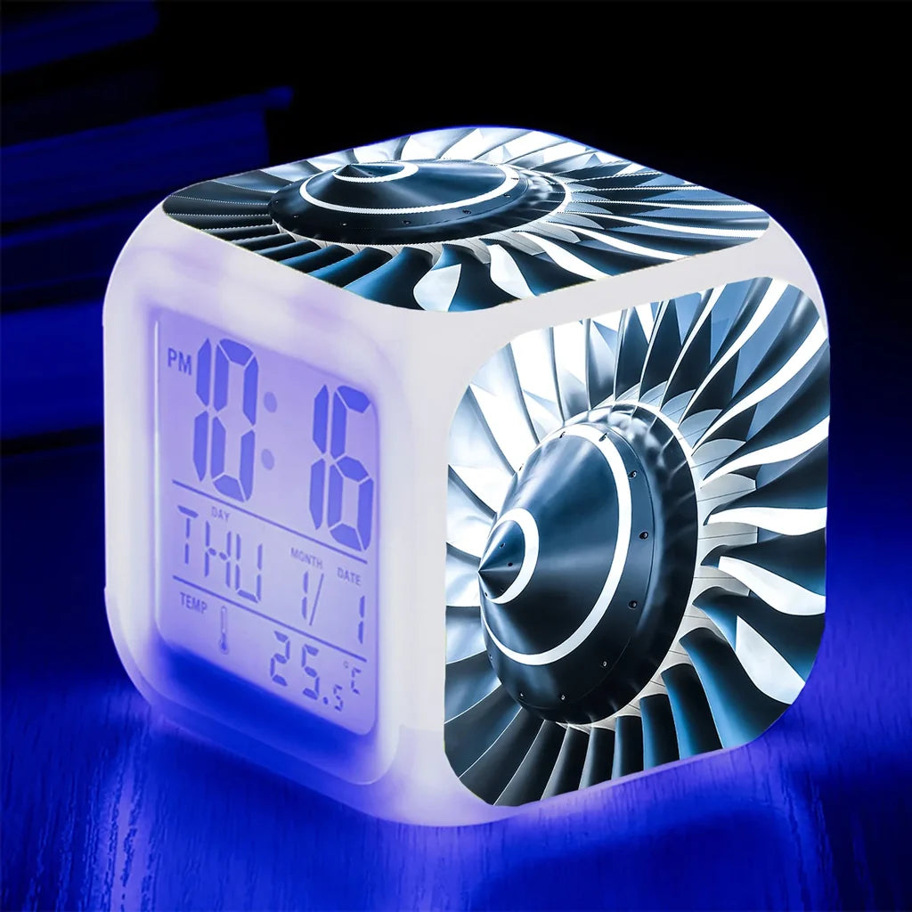 Blue Toned Super Jet Engine Blades Closeup "7 Colour" Digital Alarm aviation design on premium wood and metal table clock.