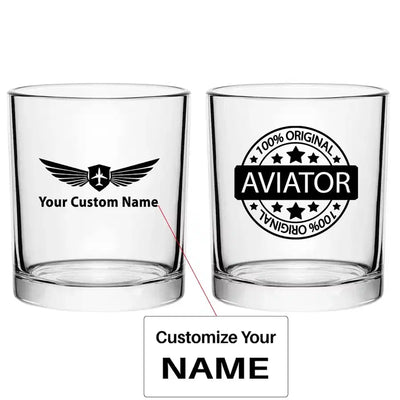 %100 Original Aviator aviation design on whiskey glass, special-edition crystal cut.