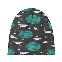 Thumbnail for Paper Planes & Earth aviation embroidery on soft knit fabric 3D knit beanie.