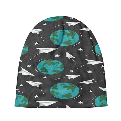 Paper Planes & Earth aviation embroidery on soft knit fabric 3D knit beanie.