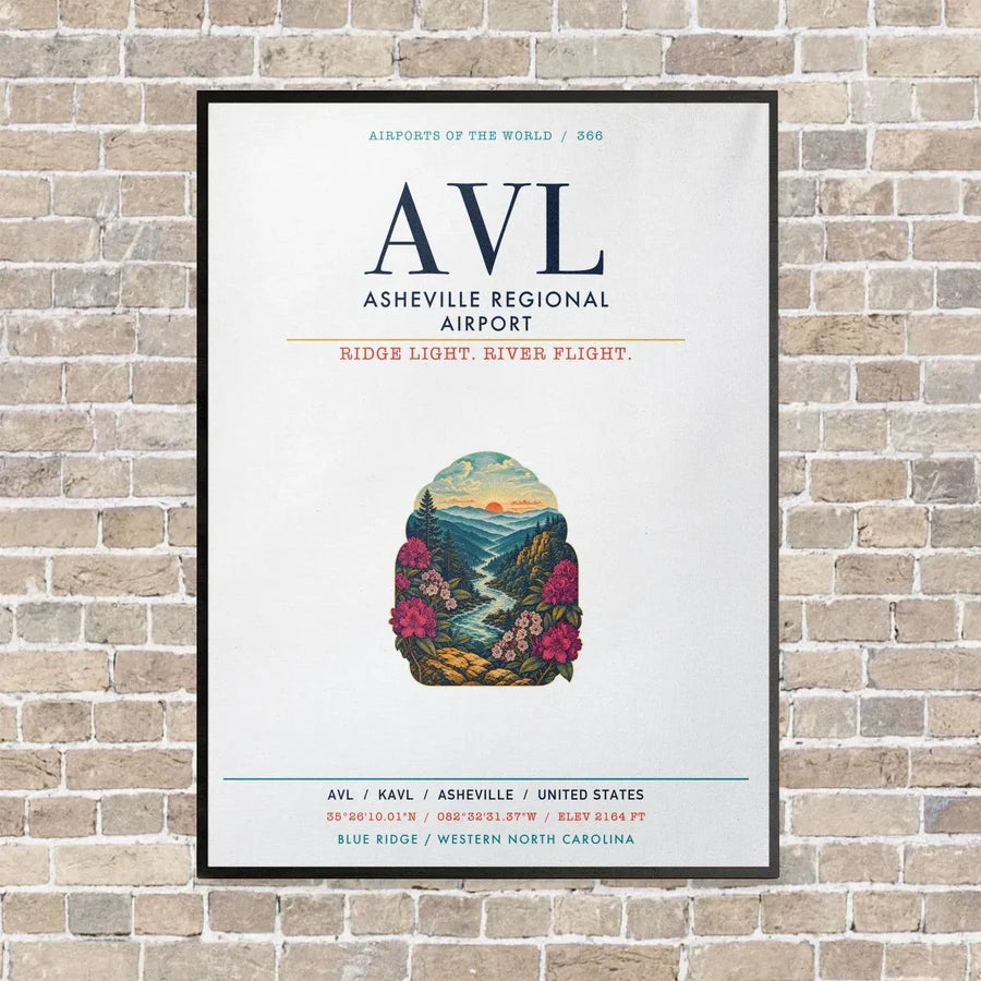 Asheville Regional Airport AVL vertical canvas print - framed - white background