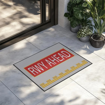 Runway Ahead aviation print door mat, durable fibre with non-slip backing.
