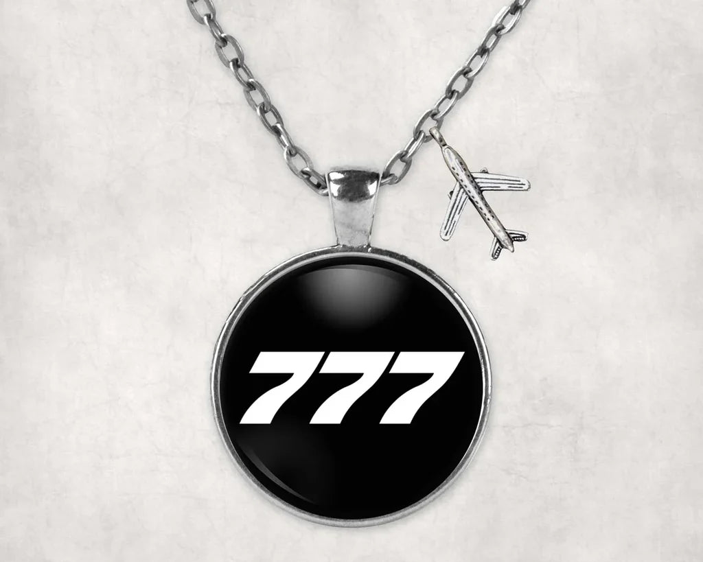 Boeing 777 Flat Text aviation-themed necklace, polished stainless steel.