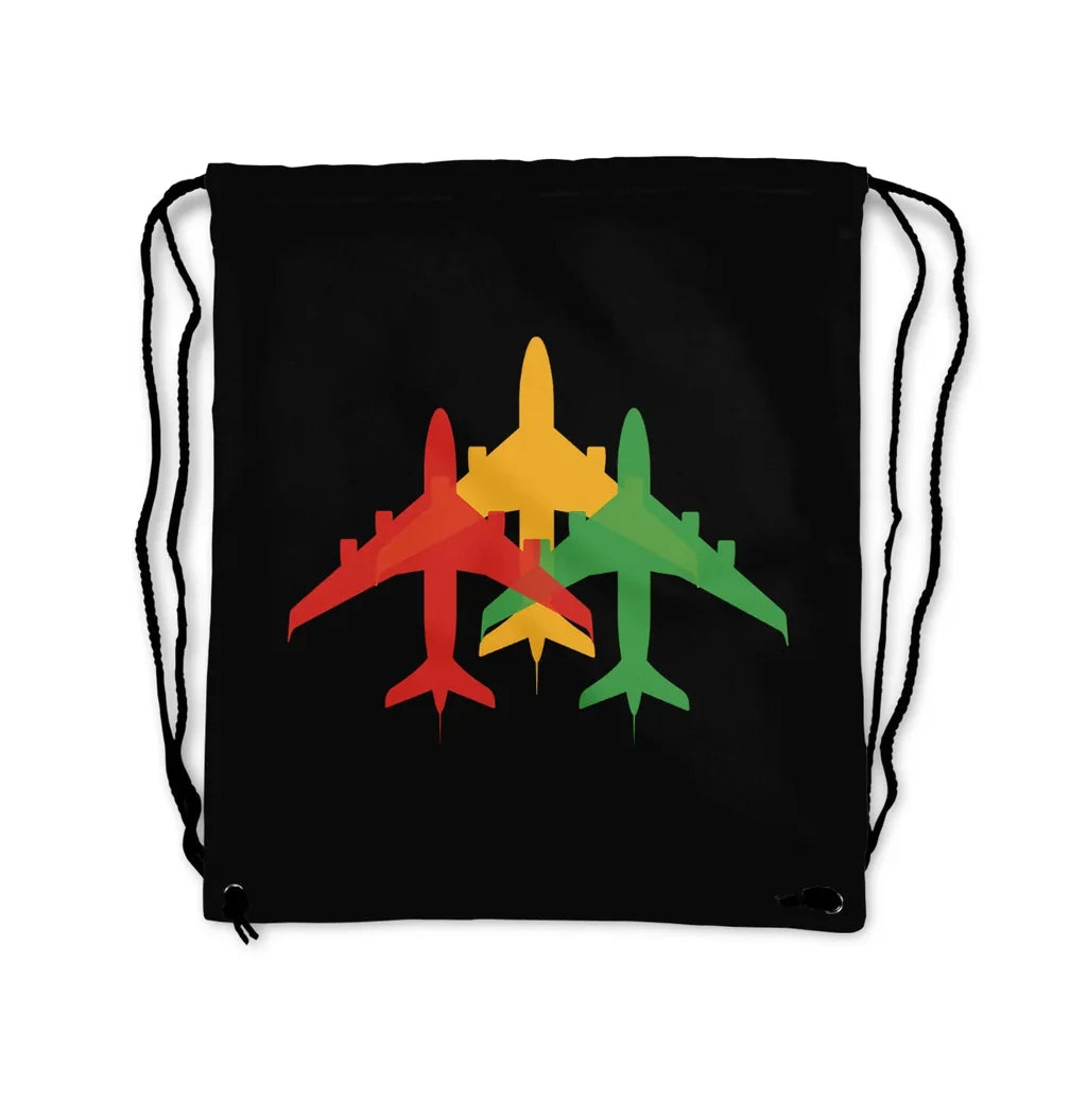 Colourful 3 Airplanes aviation print drawstring bag, lightweight polyester.