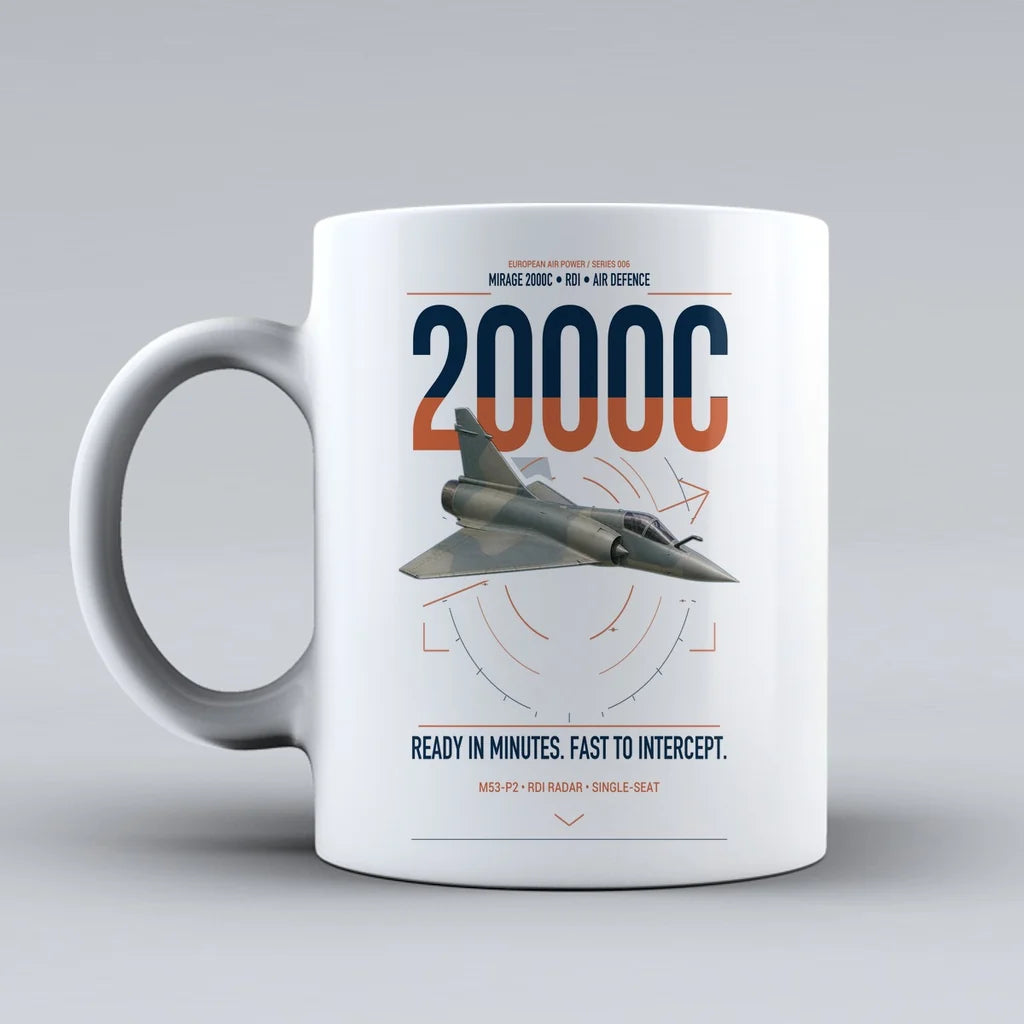 Dassault Mirage 2000C RDI design on white ceramic mug, double-side print