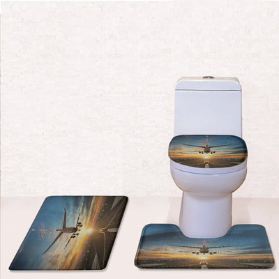 Airplane over Runway Towards the Sunrise Toilet Seat Cover Three-piece aviation print on soft fabric toilet seat cover set.