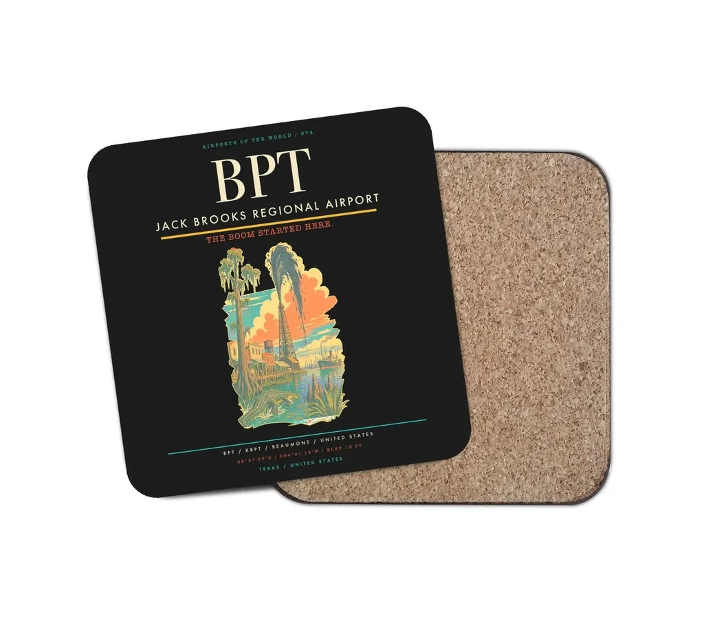 Jack Brooks Regional Airport (BPT) design on black 1 piece coaster