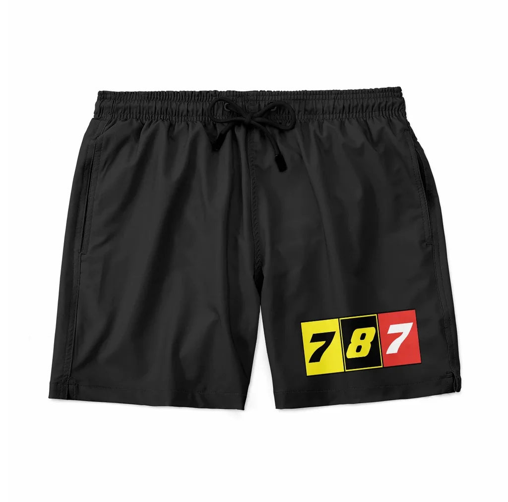 Flat Colourful 787 aviation design on quick-dry polyester swim trunks.