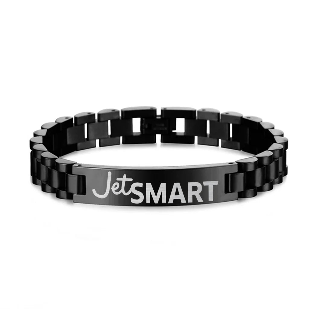 JetSmart Airlines aviation chain bracelet, stainless steel body with engraved detail.