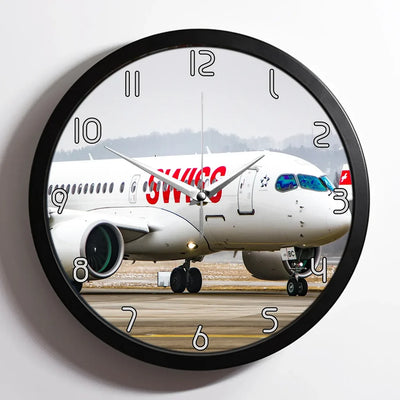 Swiss Airlines Bombardier CS100 aviation design on premium wood and metal wall clock.