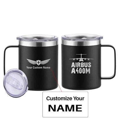 Airbus A400M & Plane aviation design on laser-engraved mug, permanent laser engraving on stainless.