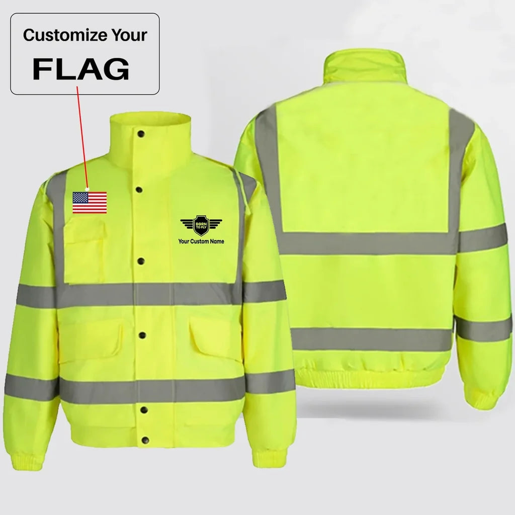Custom Flag & Name with (Badge 5) aviation design printed on insulated shell with high-visibility reflective panels reflectiv.