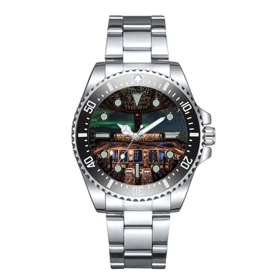 Side view of Boeing 777 Cockpit Luxury Aviators aviation aviator watch in premium stainless steel, polished finish.