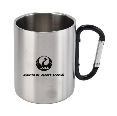 Japan Airlines aviation design on outdoor mug, durable insulated construction.