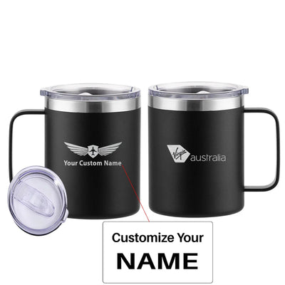 Virgin Atlantic Airlines aviation design on laser-engraved mug, permanent laser engraving on stainless.