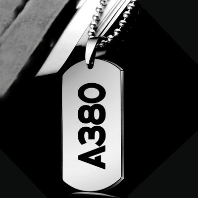 Airbus A380 Flat Text aviation-themed necklace, polished metal.