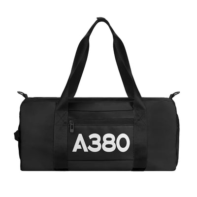Airbus A380 Flat Text aviation design sports bag, durable nylon construction.