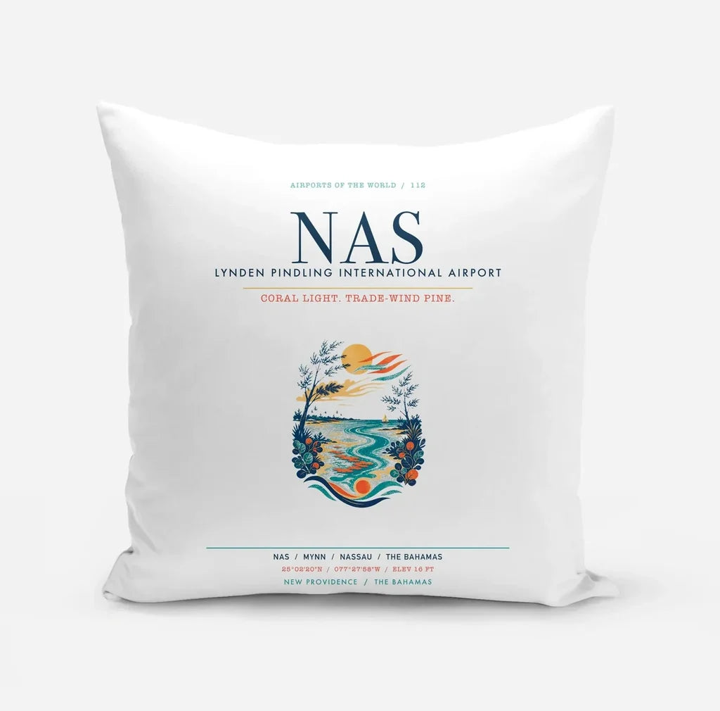 Lynden Pindling International Airport Nassau (NAS) design on white pillow