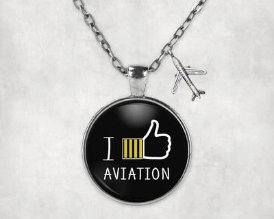 Side view of I Like aviation necklace in stainless steel, polished finish.