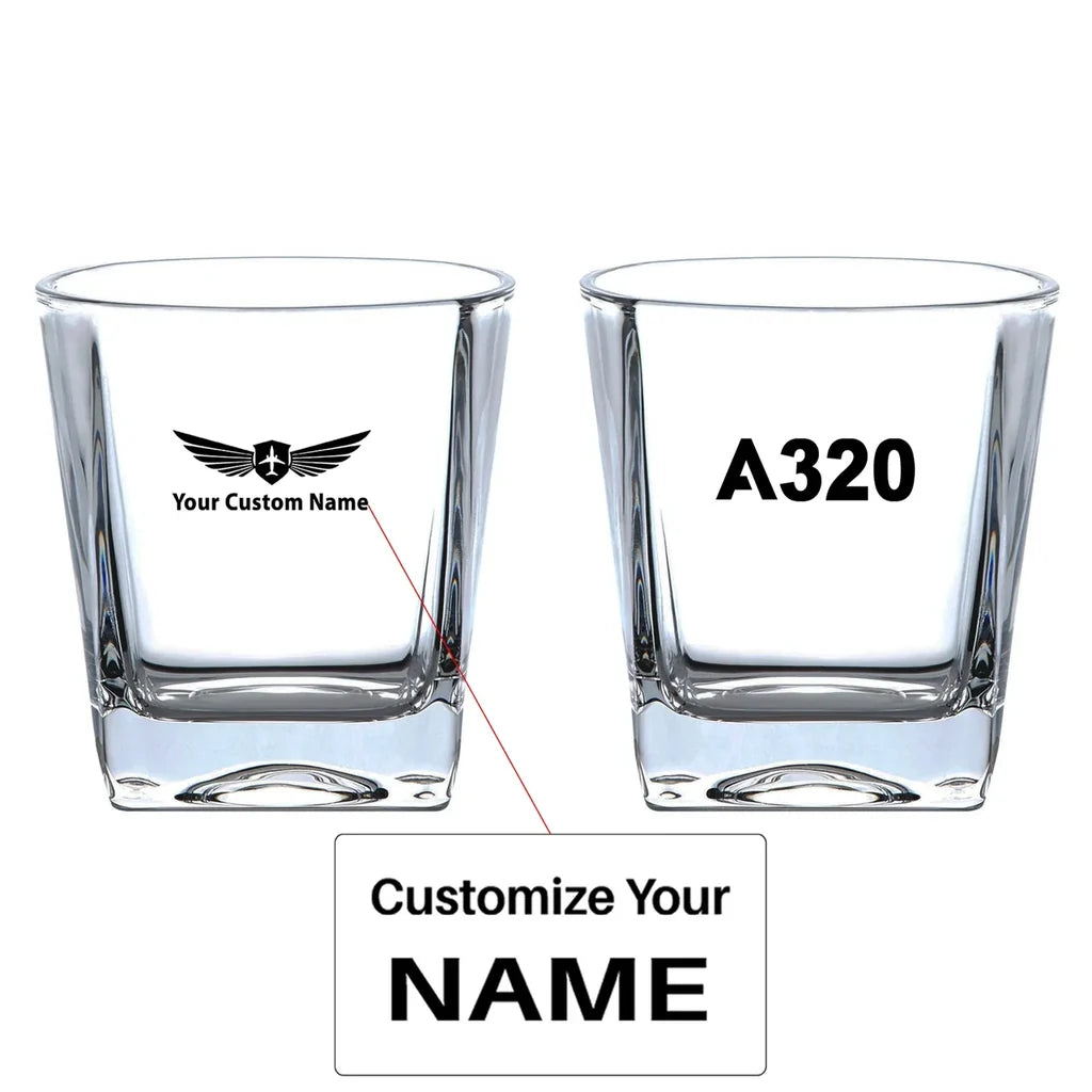 Airbus A320 Flat Text aviation design on whiskey glass, crystal-clear premium glassware.