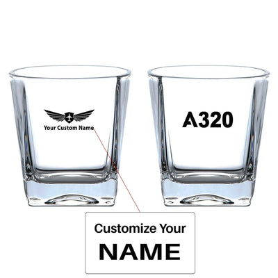 Airbus A320 Flat Text aviation design on whiskey glass, crystal-clear premium glassware.