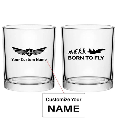 Born To Fly aviation design on whiskey glass, special-edition crystal cut.