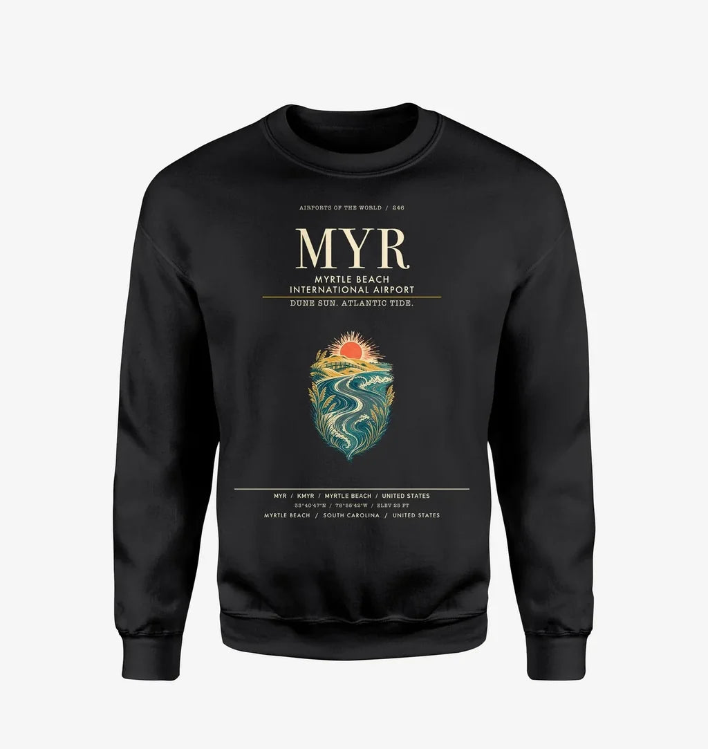 Myrtle Beach International Airport (MYR) design on black sweatshirt