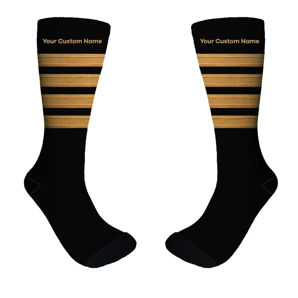 Pilot Epaulette (Golden) 4 Lines + NAME aviation design on soft cotton blend socks.