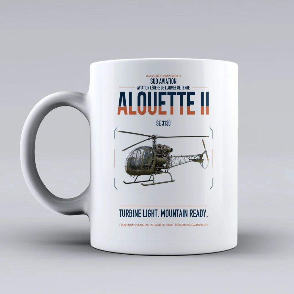 Sud Aviation SE 3130 Alouette II design on white ceramic mug, double-side print