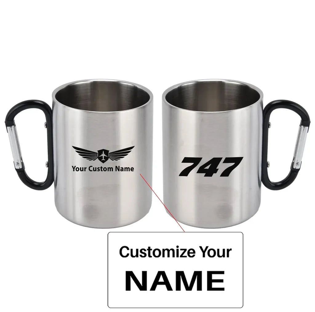 Boeing 747 Flat Text aviation design on outdoor mug, durable insulated construction.