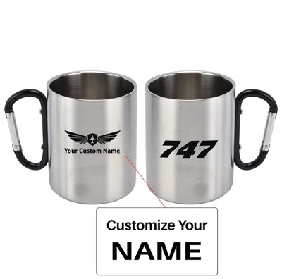 Boeing 747 Flat Text aviation design on outdoor mug, durable insulated construction.