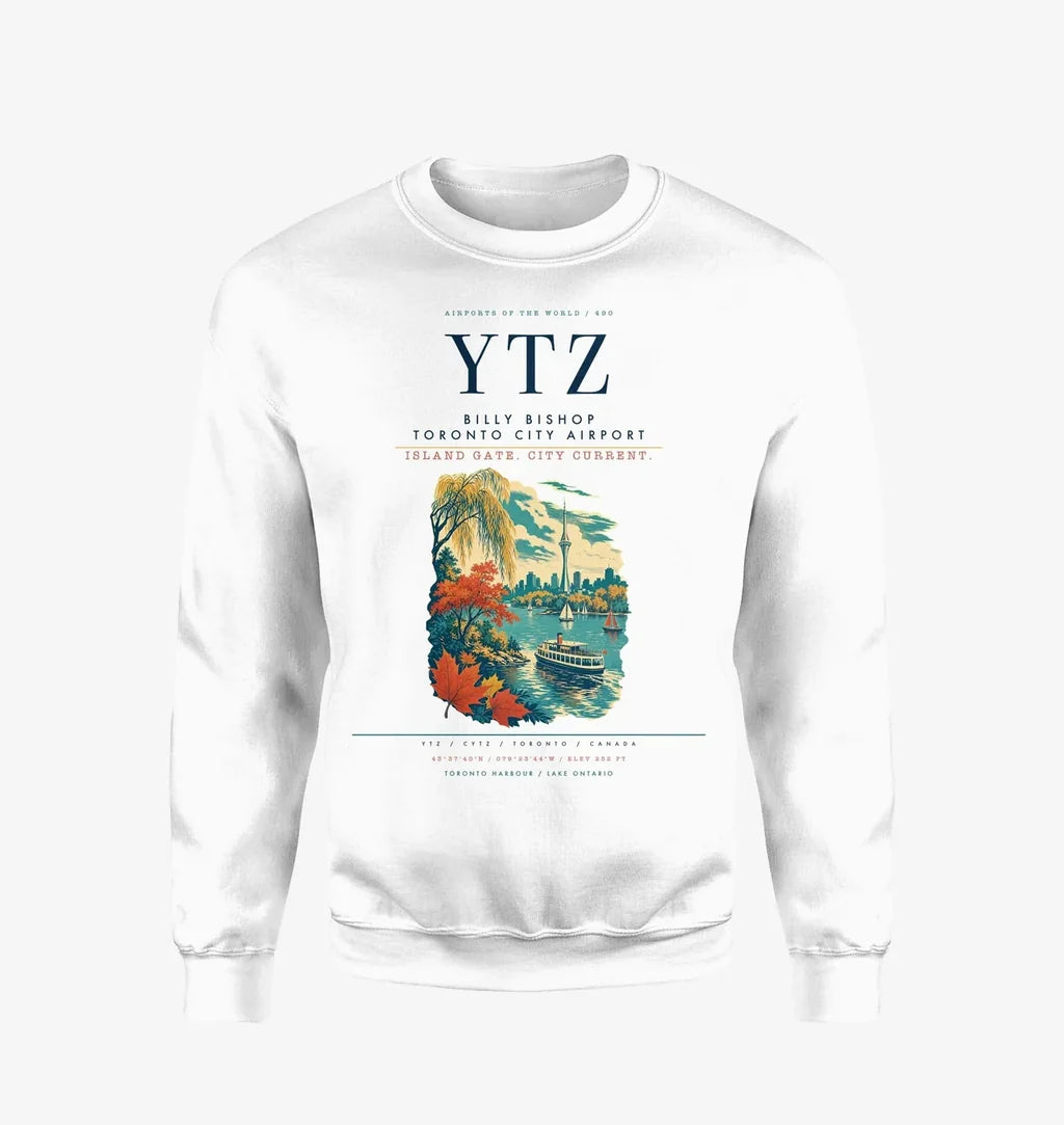 Billy Bishop Toronto City Airport (YTZ) design on white sweatshirt