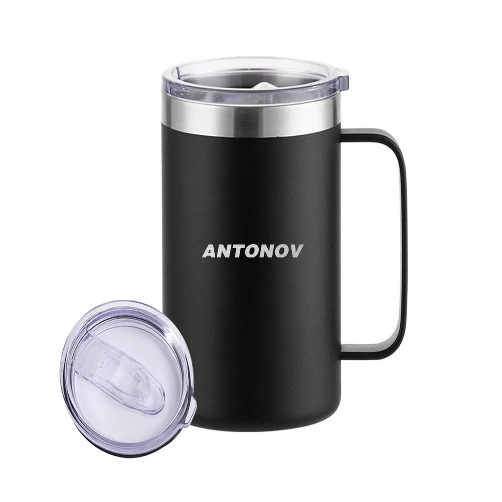 Antonov & Text aviation design on stainless beer mug, insulated stainless beer mug.