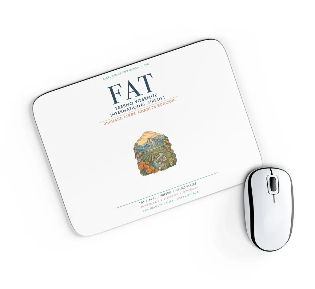 Fresno Yosemite International Airport (FAT) design on white rectangle mouse pad