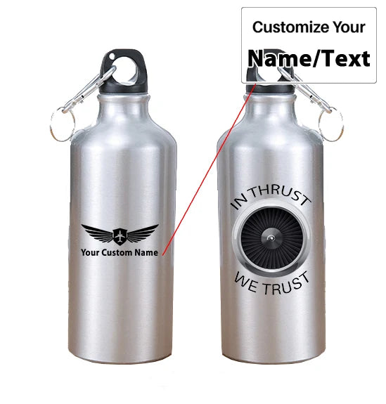 In Thrust We Trust aviation design on thermos, vacuum-insulated.