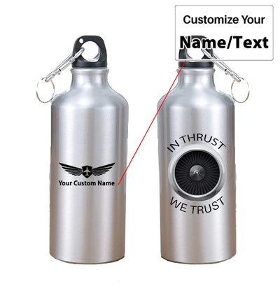 In Thrust We Trust aviation design on thermos, vacuum-insulated.