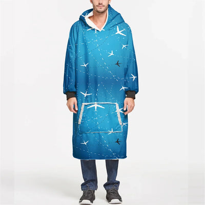 Travelling with aviation design on soft fleece blanket hoodie.