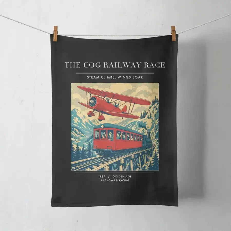 VINTAGE G4347 - The Cog Railway Race - Designed Towels design on black