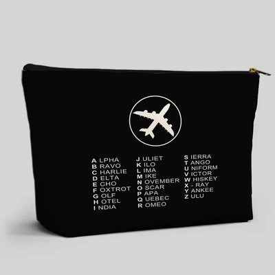 Aviation Alphabet 2 aviation design zipper pouch, durable polyester construction.