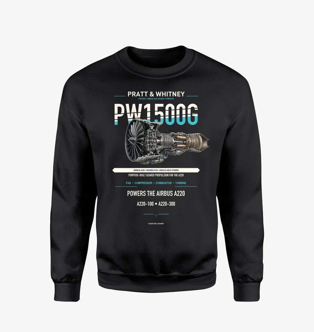 PW1500G design on black sweatshirt