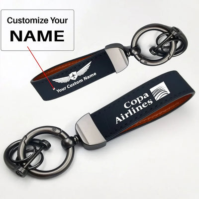 Side view of Copa Airlines aviation horseshoe-buckle key chain in polished metal alloy, polished finish.