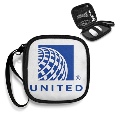 United Airlines Portable aviation design portable headphone bag, padded polyester construction.