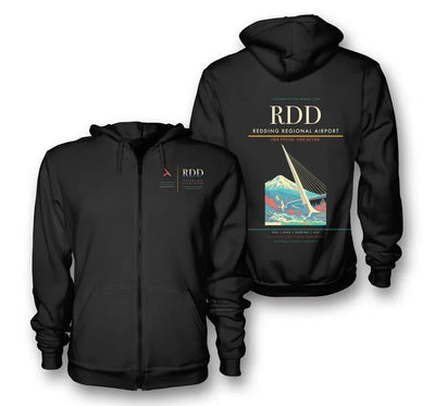 Redding Airport (RDD) design on black premium zipped hoodie