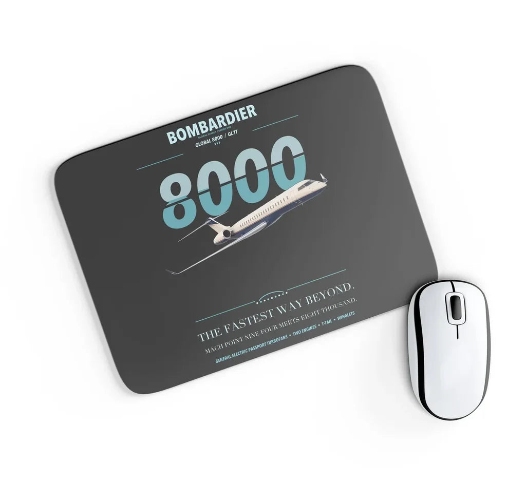 Bombardier Global 8000 design on black rectangle mouse pad