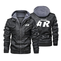 Thumbnail for ATR & Text aviation design printed on genuine leather with detachable hood hooded leather jacket.