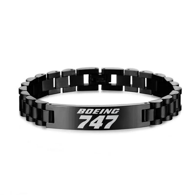 Boeing 747 & Text aviation-themed chain bracelet, polished stainless steel.